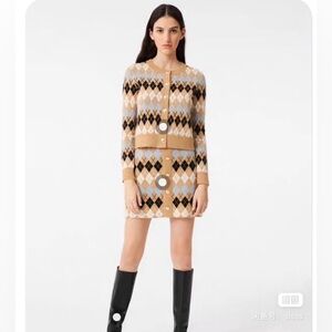 Maje wool Argyle Knit Cardigan and Skirt Set